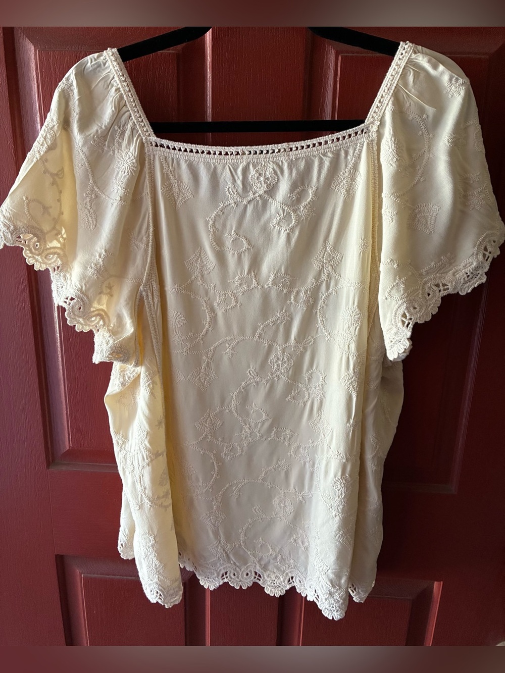 Democracy Ivory Embroidered Boho Blouse Lace Trim Flutter Sleeve Size Large - Picture 6 of 9